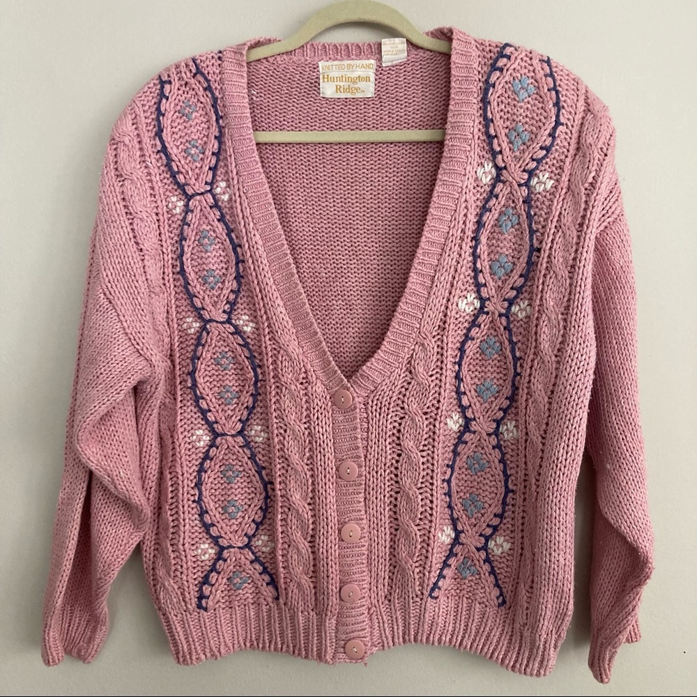 Vintage Huntington Ridge Cable Knit Pink Handknitted Cardigan Size M